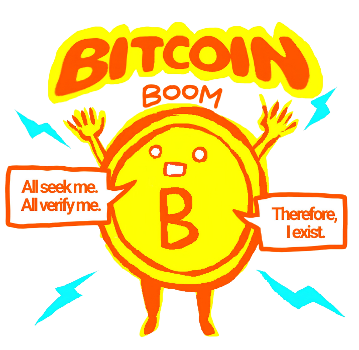 Bitcoin mascot with both hands up